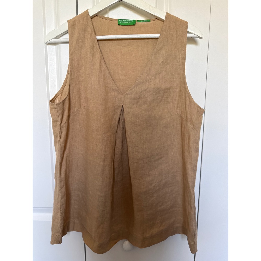 United Colors of Benetton Pure Linen V-Neck Sleeveless Tank Top Tan Khaki Medium